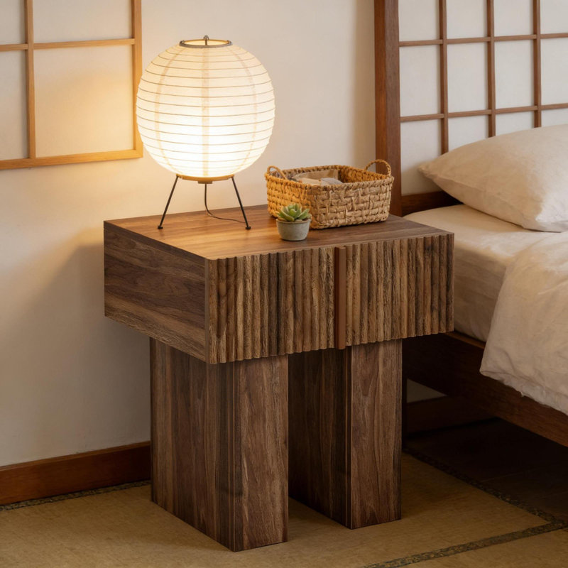 Table de chevet rustique en MDF brun avec rangement, design moderne pour chambre à coucher