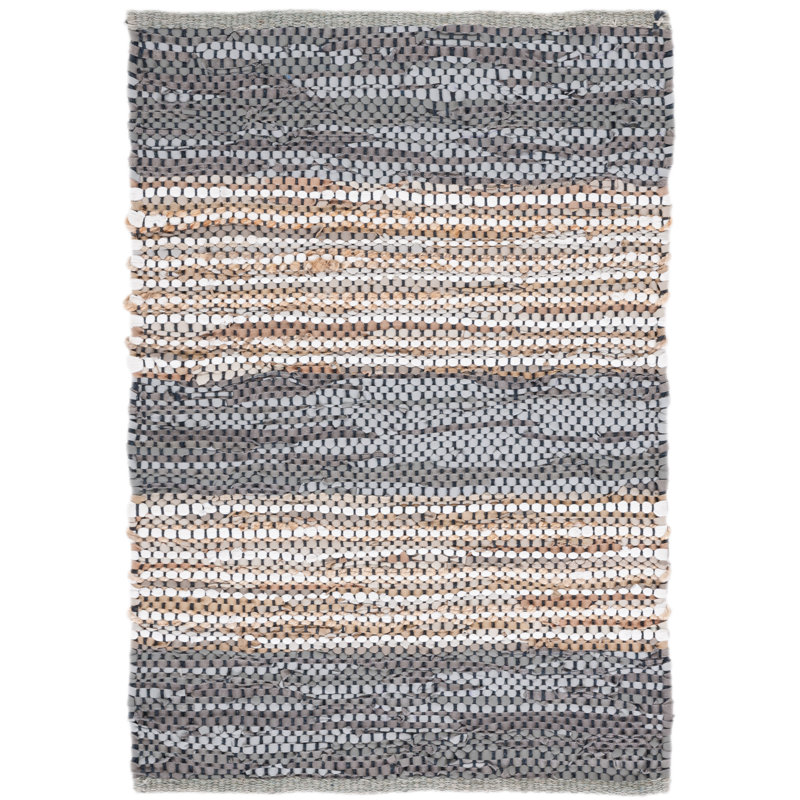 Gerelene Vintage Leather Hand Woven Leather/Jute Striped Rug in Gray/Natural, Rectangle 3' x 5'