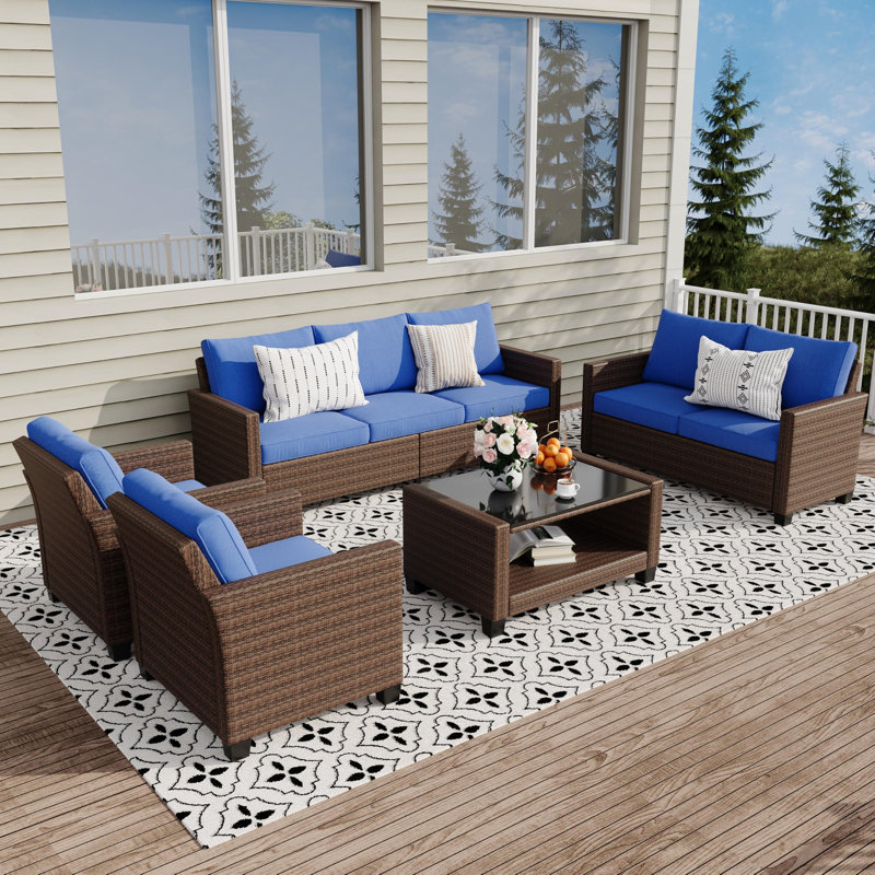 Ensemble de meubles de patio 5 pièces, ensembles de conversation de patio en osier de rotin 7 places avec table basse, ensemble de canapé modulaire d'extérieur, rotin brun et coussins bleus