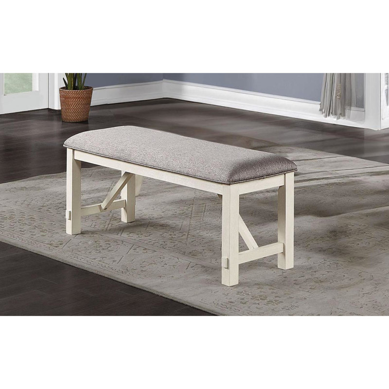 Dining Bench In Gray And White, Cushioned Seat, Bench, White Wood,