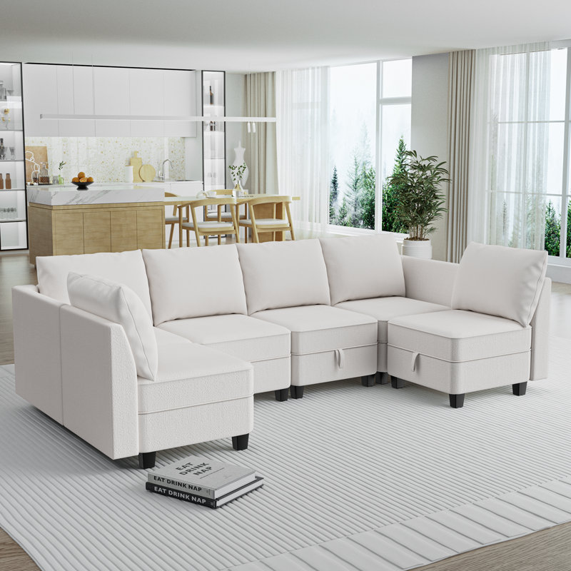Vumece Modular Sectional Sofa, Convertible U Shaped Sectional Sofa Couches With Storage, 6 Seat Modular Sofa Couch For Living Room, Sectionals With Ottoman, Beige