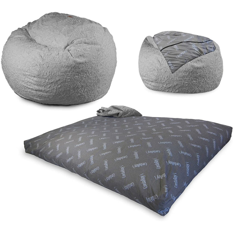 CordaRoy's Faux Fur Convertible Bean Bag Chair, Medium (Queen), Gray Faux Fur