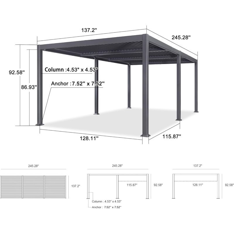 Aluminum Louvered Pergola, 92.58"H x 245.28"W x 137.2"D