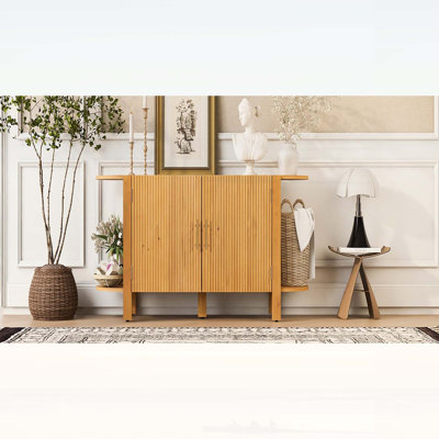 Buffet en bois de pin avec tablette d'extension incurvée à double couche, buffet de style Mid-Century avec texture ondulée verticale, grande table de canapé avec poignée en métal pour la salle à manger, cuisine