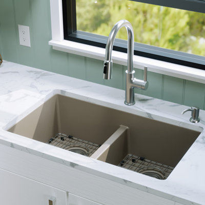 Karran Quartz 32'' X 19-1/2'' Double Bowl 50/50 Undermount Kitchen Sink Kit