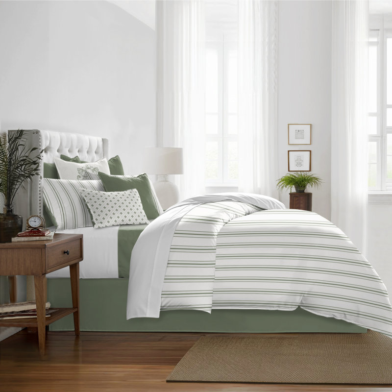 August Stripe Reversible Cotton Duvet Cover Set, Twin Duvet Cover + 2 Standard Shams, Sweet Grass