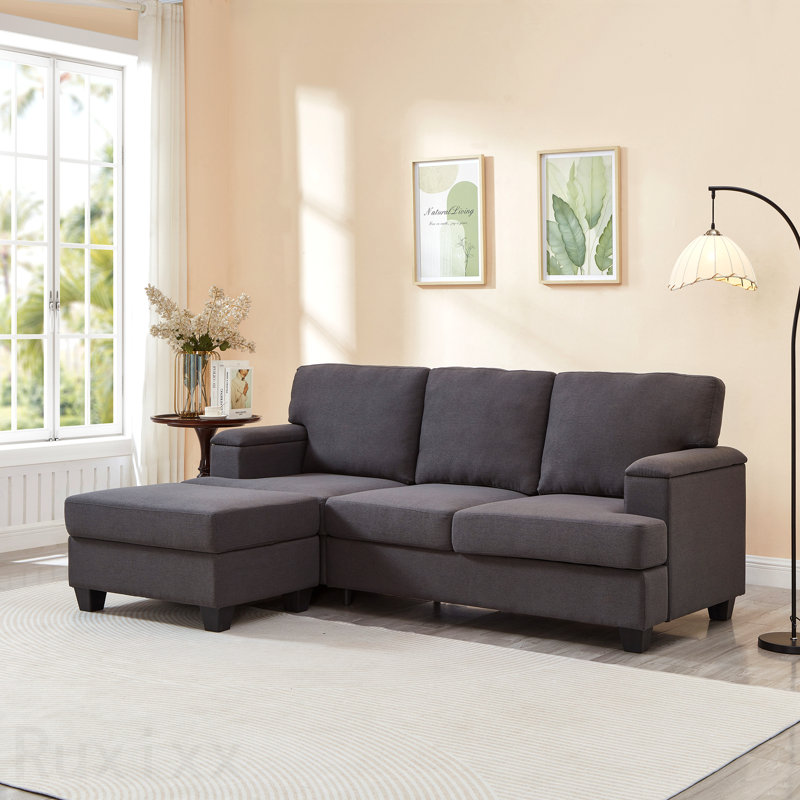 Canapé en L 86 po avec organiseur d'accoudoirs, canapés à 3 places avec repose-pieds mobile, canapé modulaire confortable avec coussin épais, canapés modulaires en lin