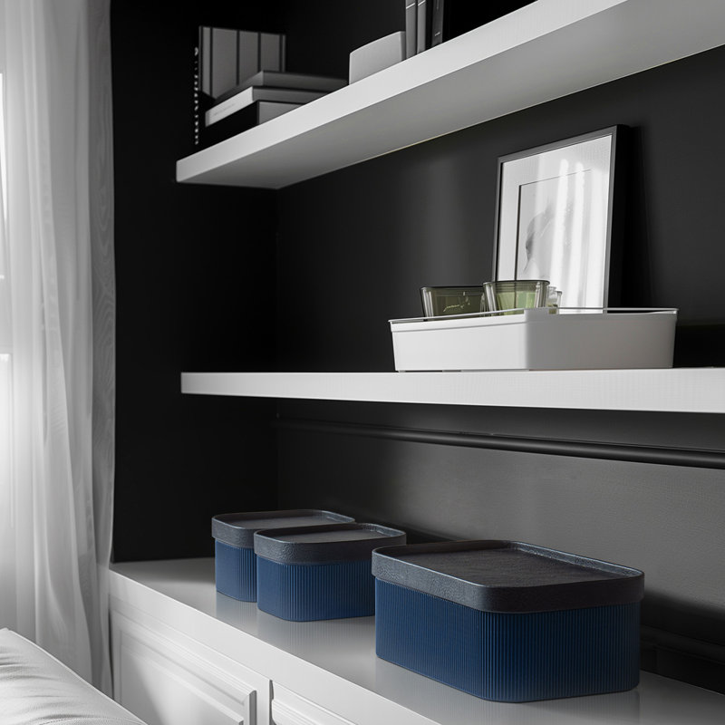 Corrugated Paper Rectangular Storage Box With Vegan Leather Lid Set 3, Navy Blue