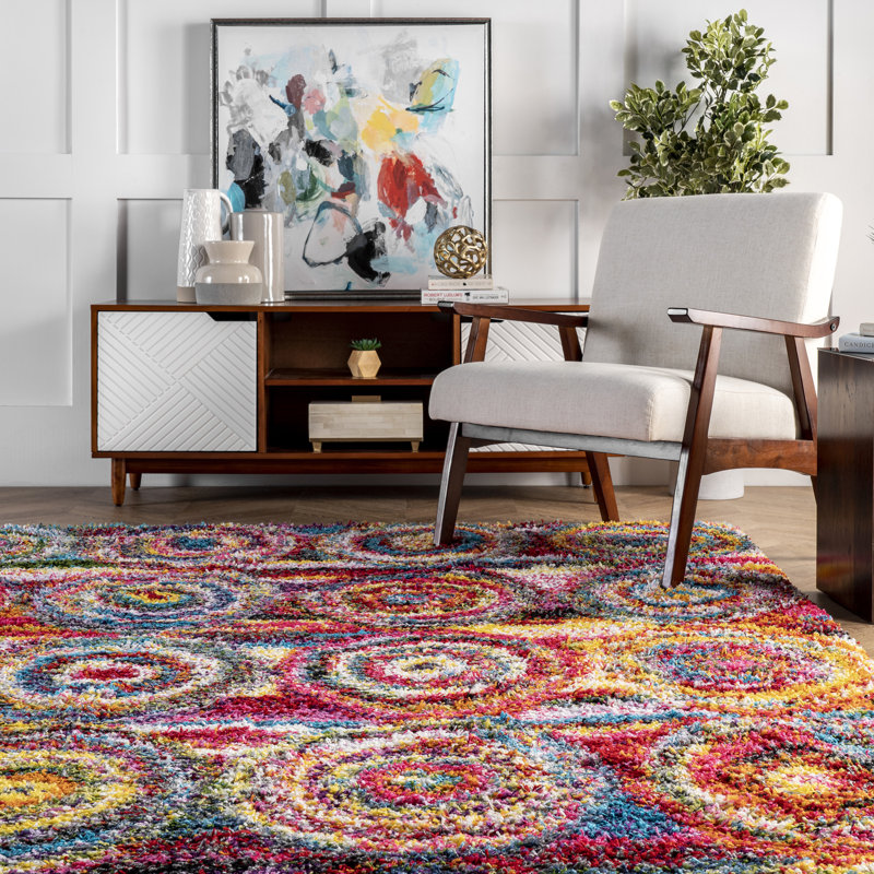 Verduzco Bohemian Circles Pink/Yellow/Multi Shag Rug, Square 7'10"