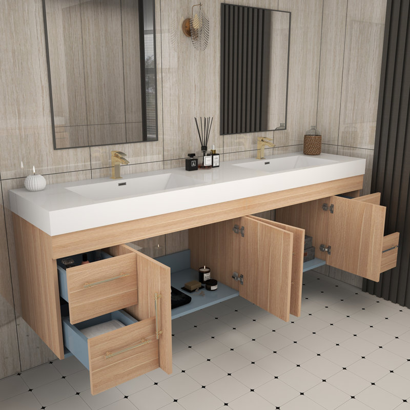 83.4" Wall-Mounted Double Bathroom Vanity Set, Champagne Oak