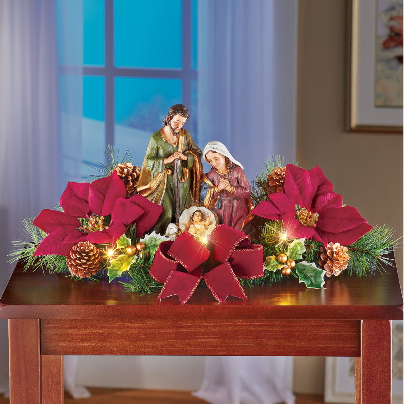 Ensemble de crèche de table lumineuse avec poinsettias