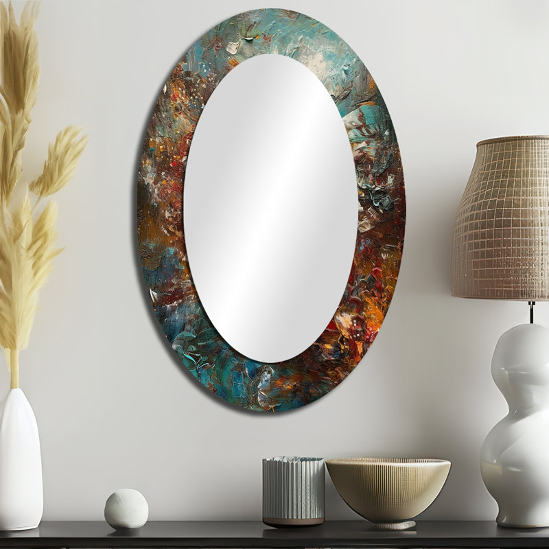 Décoration d'automne «Autumn Bliss» après-midi abstrait rouge orange bleu I - miroir ovale bleu, 36 po x 24 po