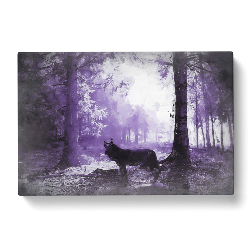 Black Wolf in a Purple Forest in Abstract - Wrapped Canvas Painting Print, 40cm H x 60cm W x 3cm D