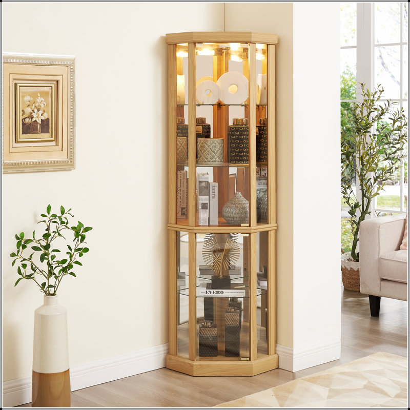 Lighted Corner Curio Cabinet - Elegant Glass Display Case For Living Room & Bar Storage - For Antique Collections & Wine With Built-In Lighting And Light Oak Finish