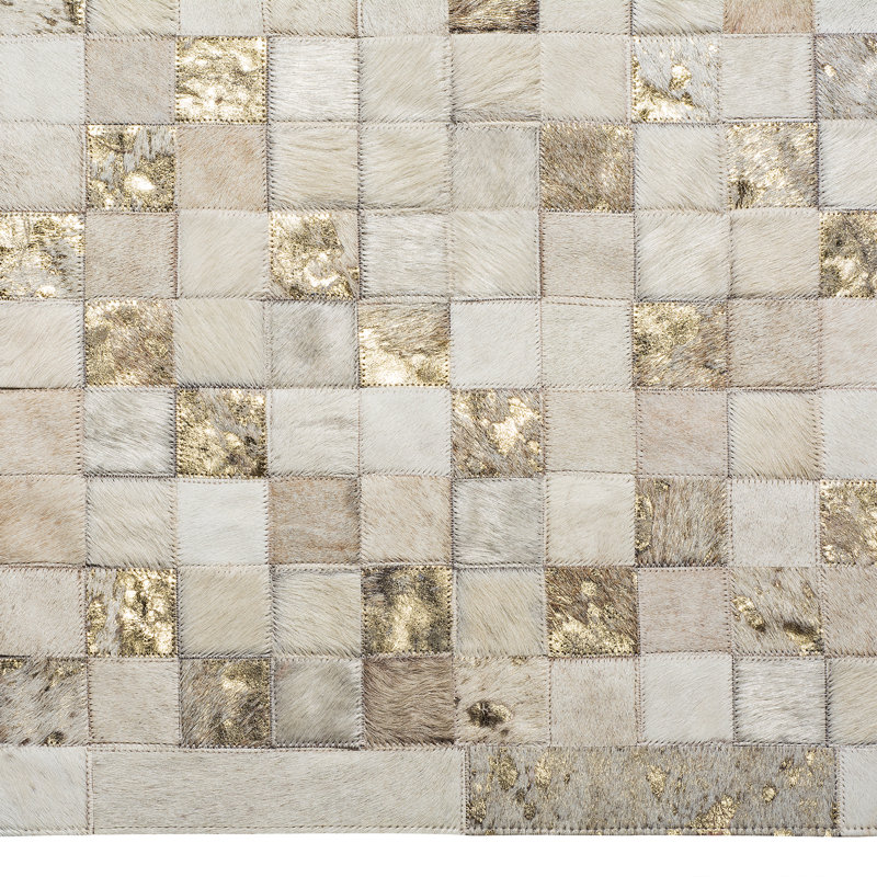Hera Geometric Handmade Leather Ivory/Gold Area Rug, Rectangle 9' x 12', Ivory/Gold