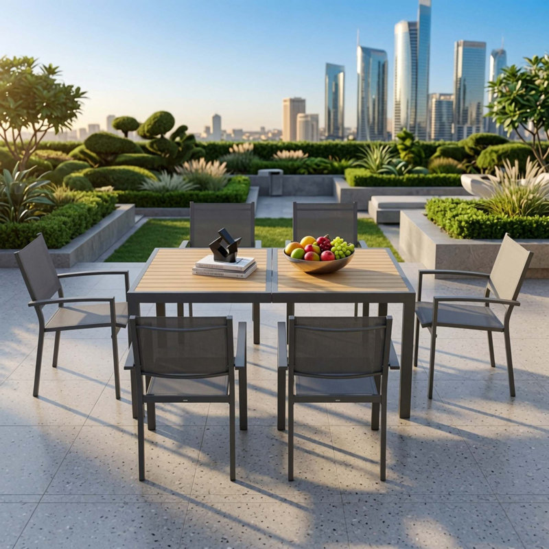 Ensemble repas 7 pièces de qualité supérieure pour patio avec table HDPS robuste et chaises Textilene