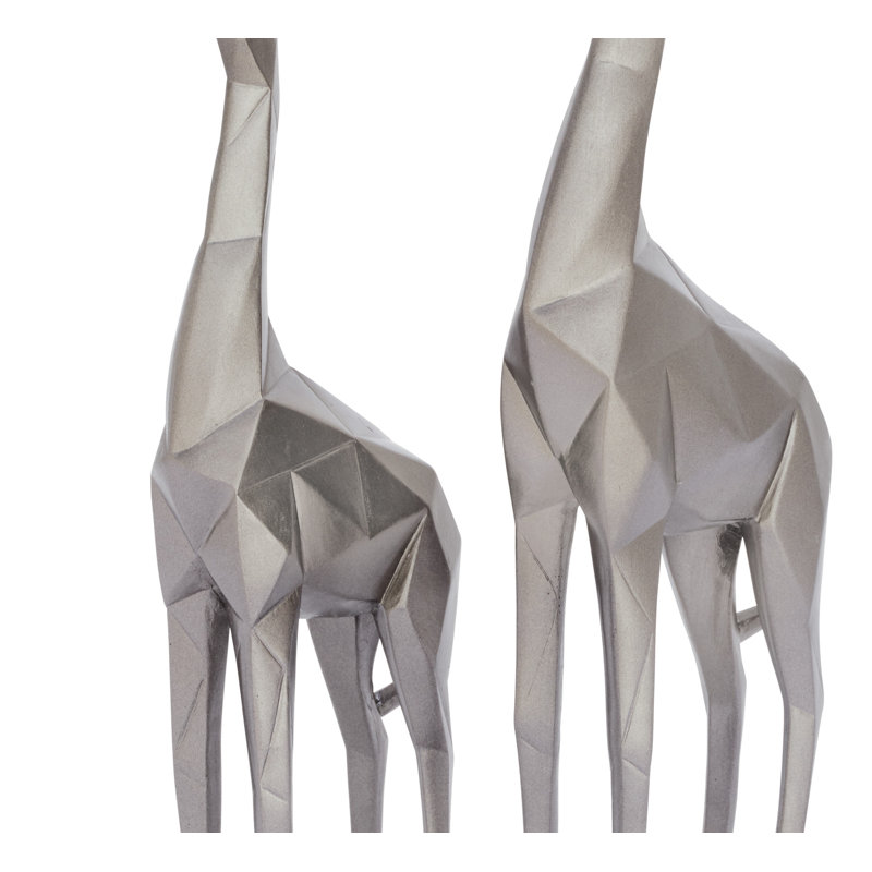 Silver Geometric Polystone Giraffe Sculptures, Set of 2