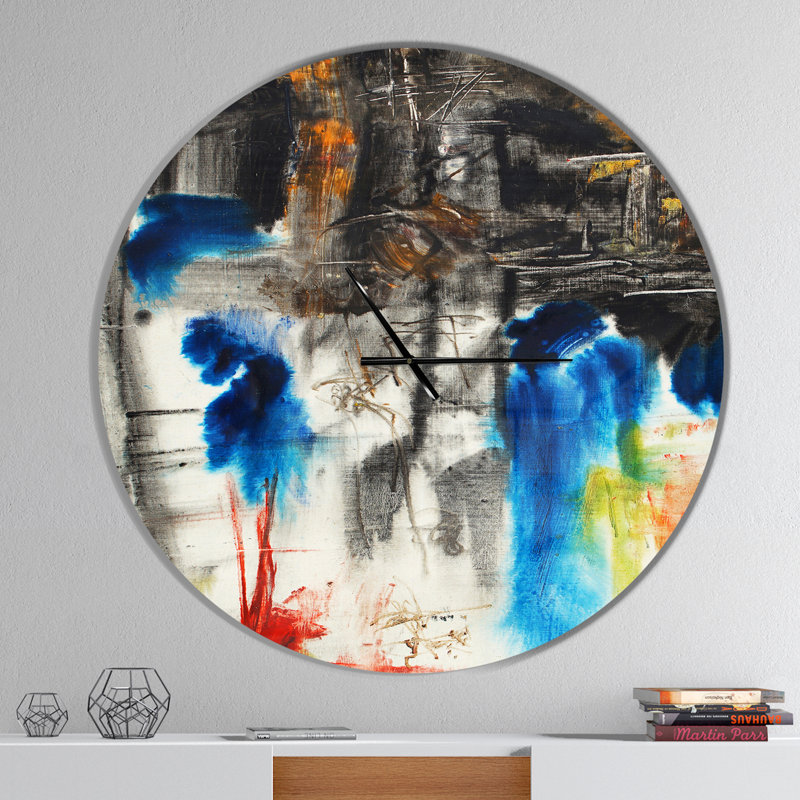 Motif noir, bleu et jaune - horloge murale moderne, Grand