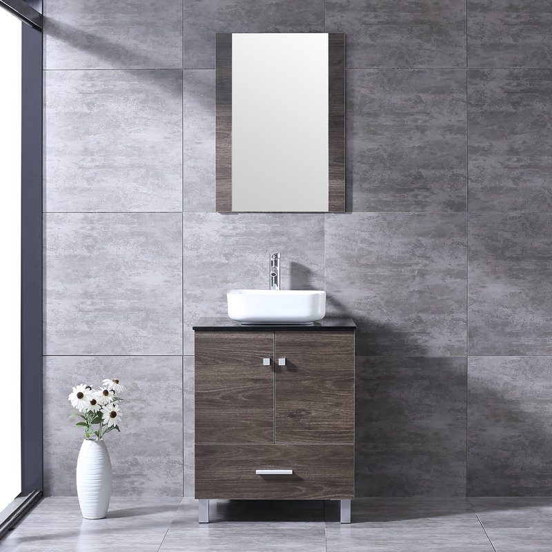 Aldhair 24 " W Freestanding Standard Single Vanity Bathroom Vanity With Tempered Glass Top with Mirror
