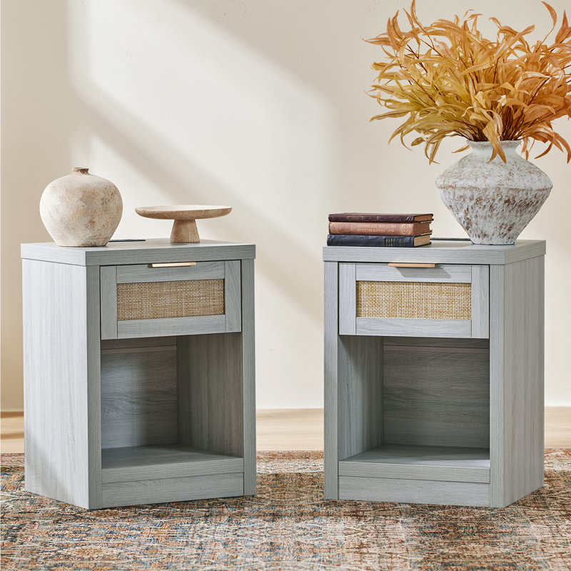 Arianna 25" H 1-Drawer Manufactured Wood Nightstand with Built-In Outlets (Set of 2), Pale Oak
