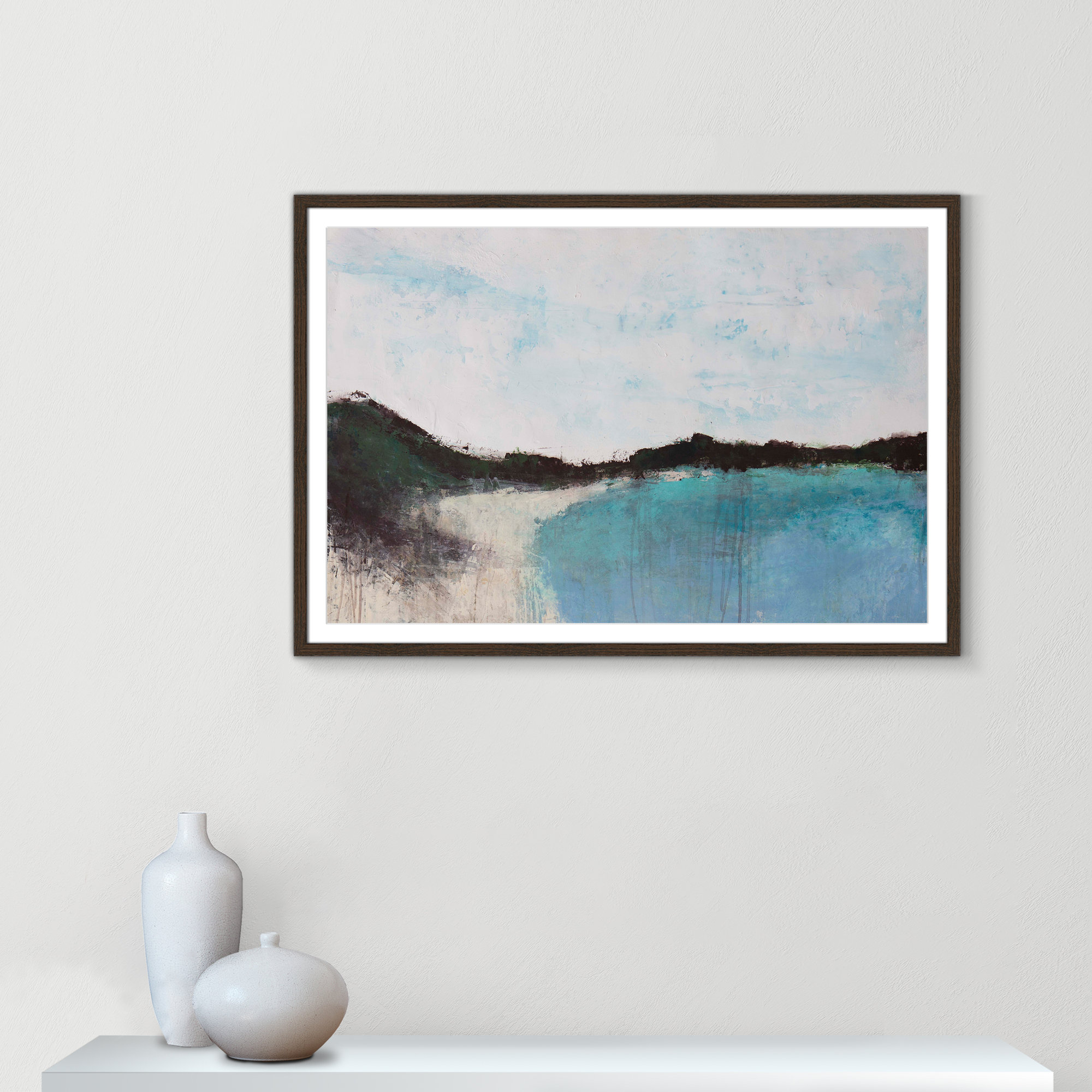 Mountainside Lakeview III by Filippo Ioco - Print, 29.5" H x 41.5" W x 0.75" D, Walnut Framed