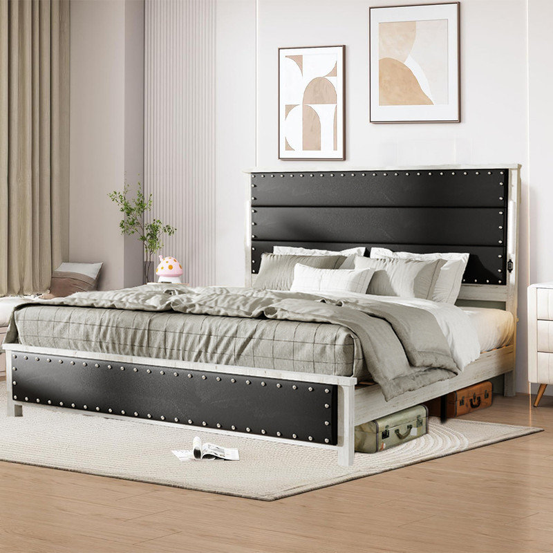 Base de lit en bois massif Timberline avec tête de lit tapissier, tiroirs de rangement, lumières à DEL, station de charge