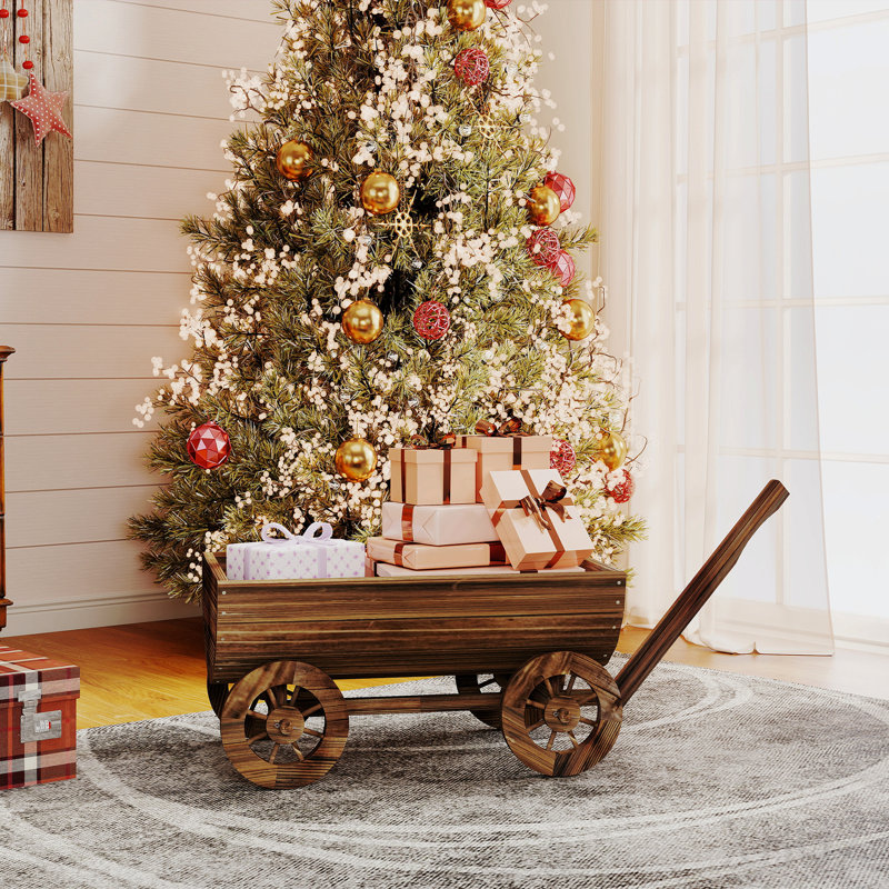 Boîte à fleurs en bois avec chariot, jardinière mobile avec 4 roues, petit chariot à fleurs avec trou de drainage