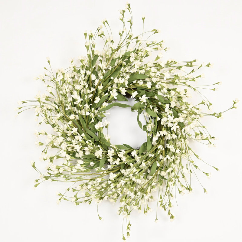 Couronne de porte 24 po avec fleurs artificielles, Vert/blanc