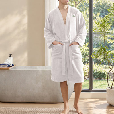 Lacoste Classic Pique Unisex Bath Robe, 100% Premium Cotton, Above-Knee Lightweight Absorbent For Bathroom & Lounge, Embroidered Logo, White