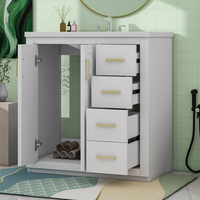 Ensemble de meuble-lavabo 30 po avec lavabo en céramique et porte à 3 tiroirs, Blanc