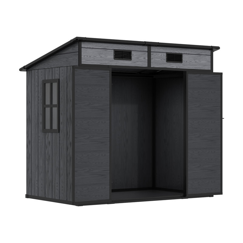 Dark grey wood grain plastic tool shed