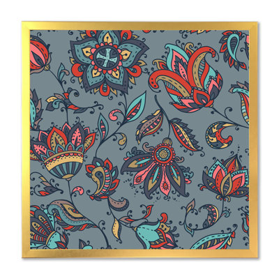 " Red Paisley Flowers On Grey "