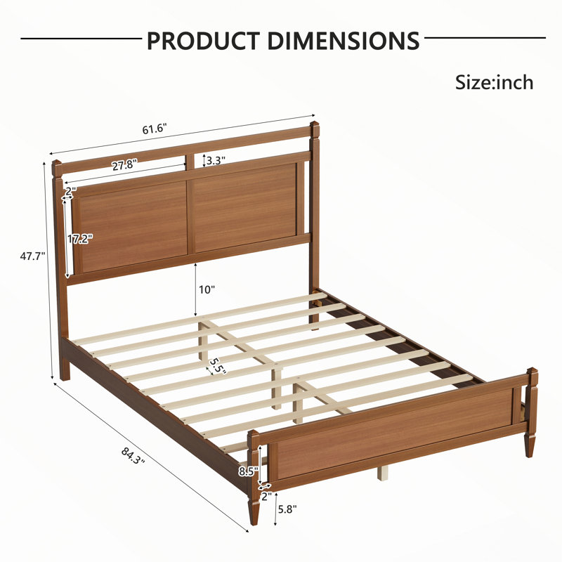 Lit plateforme en bois de style moderne du milieu du siècle avec tête de lit à cadre ouvert, Queen, Walnut
