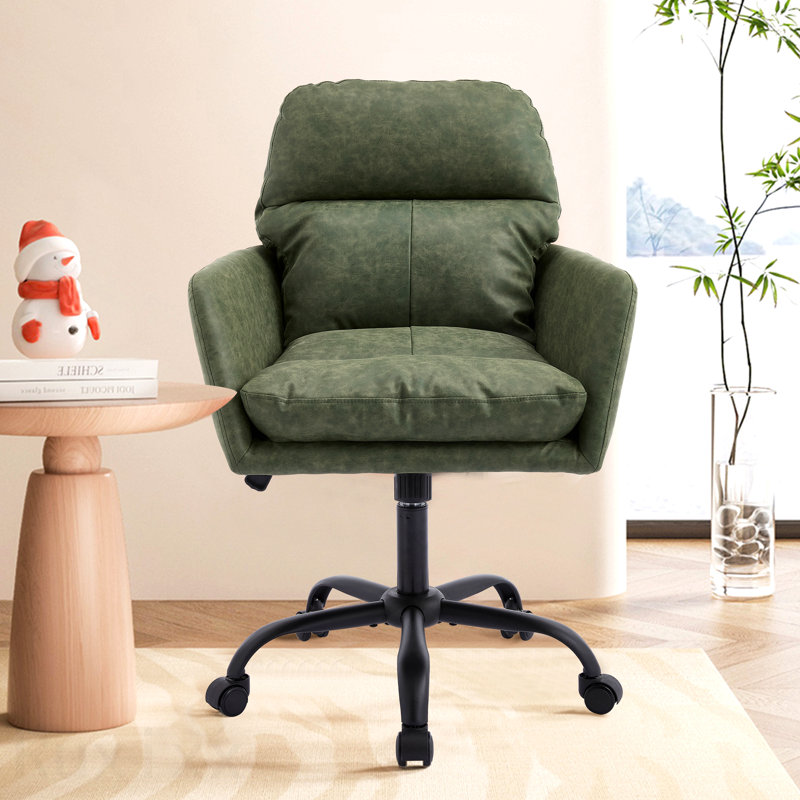 Green Artificial Leather Pu Leather Office Chair, Black Base, Adjustable In Height, Suitable For Office Bedroom Dressing Table And Other Environments