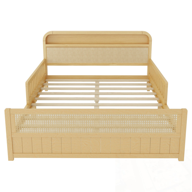 Cadre complet en rotin avec lumières DEL et tête de lit avec rangement, Natural