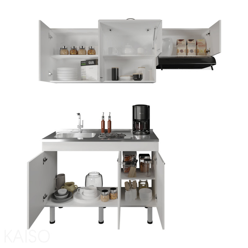 Ensemble d'armoires de cuisine 2 pièces avec évier en acier inoxydable, huitièmes tablettes, armoire de base à trois portes, armoire murale à cinq portes, cuisine, armoire de rangement, garage, blanc
