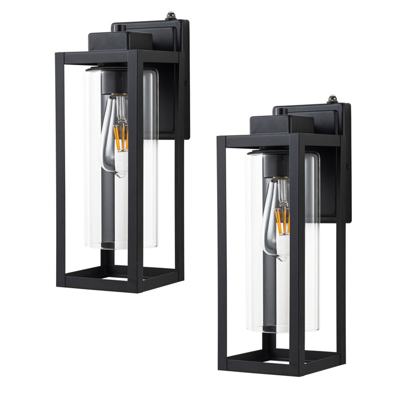 14 In. 1-light Matte Black Dusk To Dawn Outdoor Wall Lantern Sconce With Cylinder Clear Glass Shade (2-pack)