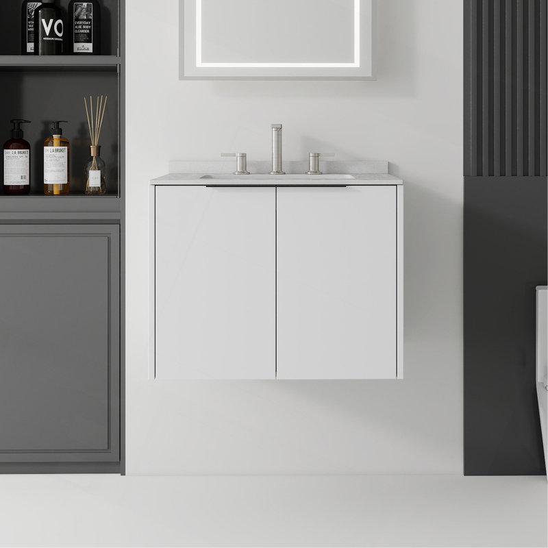 Meuble-lavabo flottant 24 po avec lavabo, porte à fermeture douce, comptoir et dosseret en granite blanc cultivé de 0,6 po