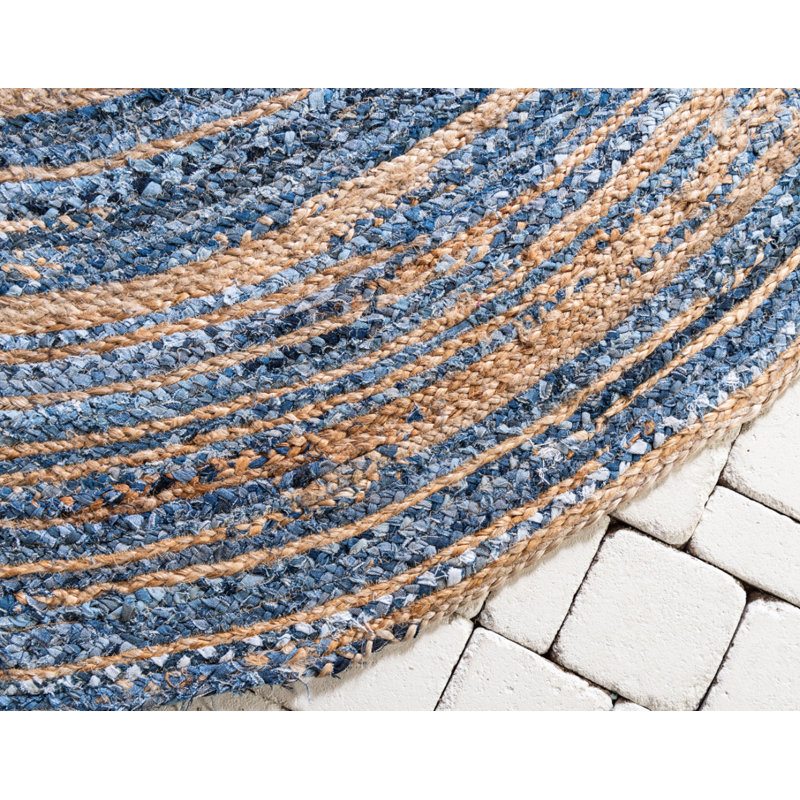 Tapis rayé bleu en jute tressé à la main Philo, Rond 8 pi