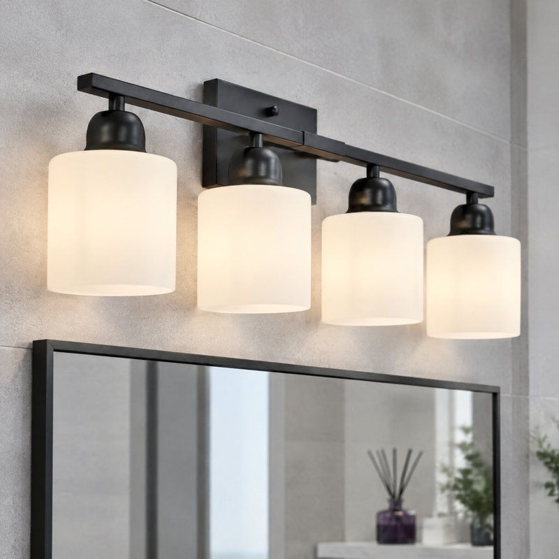 Applique murale de salle de bain noire à 4 lumières, 24 po, avec abat-jour blanc et antirouille., Noir mat, Quatre lumières