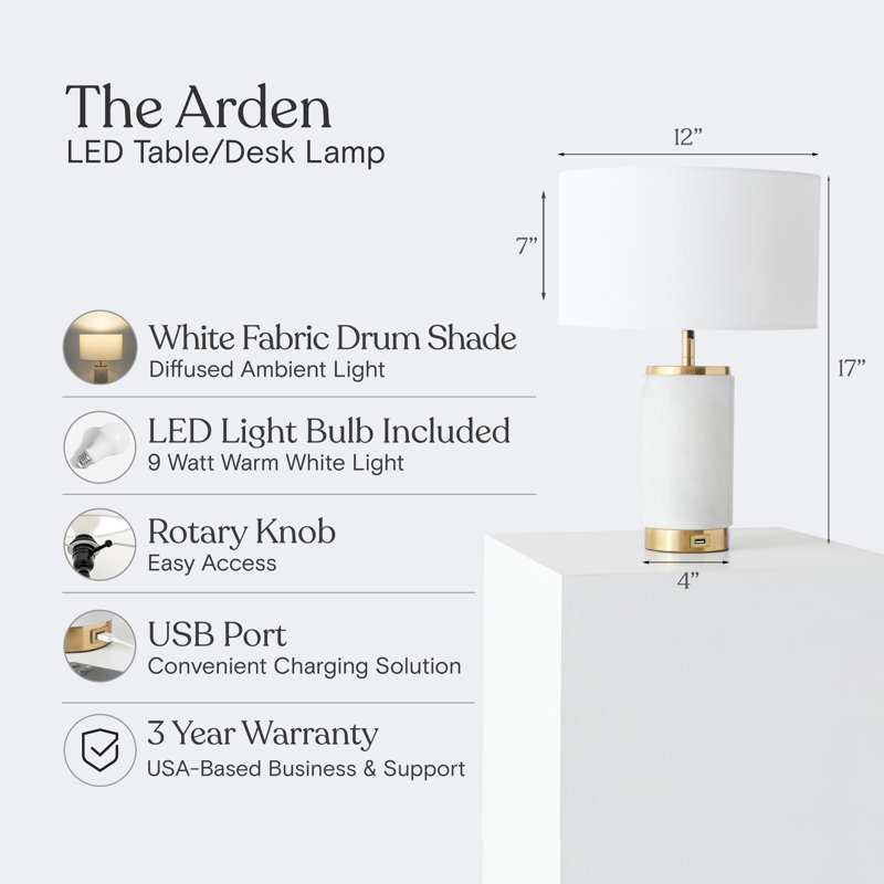 Arden 17 in. White Marble LED Bedside Table Lamp with Charging USB Port