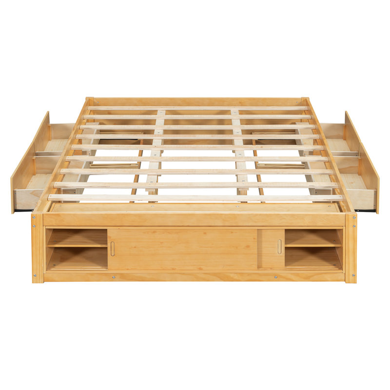 Queen Size Platform Bed Frame with 4 Storage Drawers & Footboard Storage Cubby, No Headboard, Modern Space-Saving, Natural
