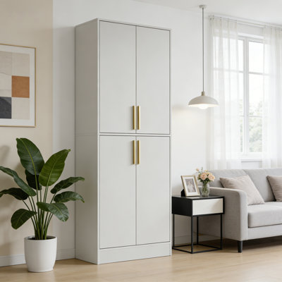 Armoire de 71 po de hauteur avec 4 portes, armoire de rangement pour garde-manger, armoire de garde-manger autoportante, huche de cuisine avec poignées dorées pour salle à manger, salle de bain, blanc