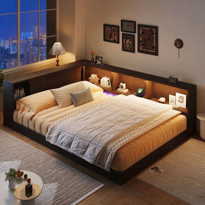 Lit de jour en bois avec tablettes de rangement, USB et DEL, Brown
