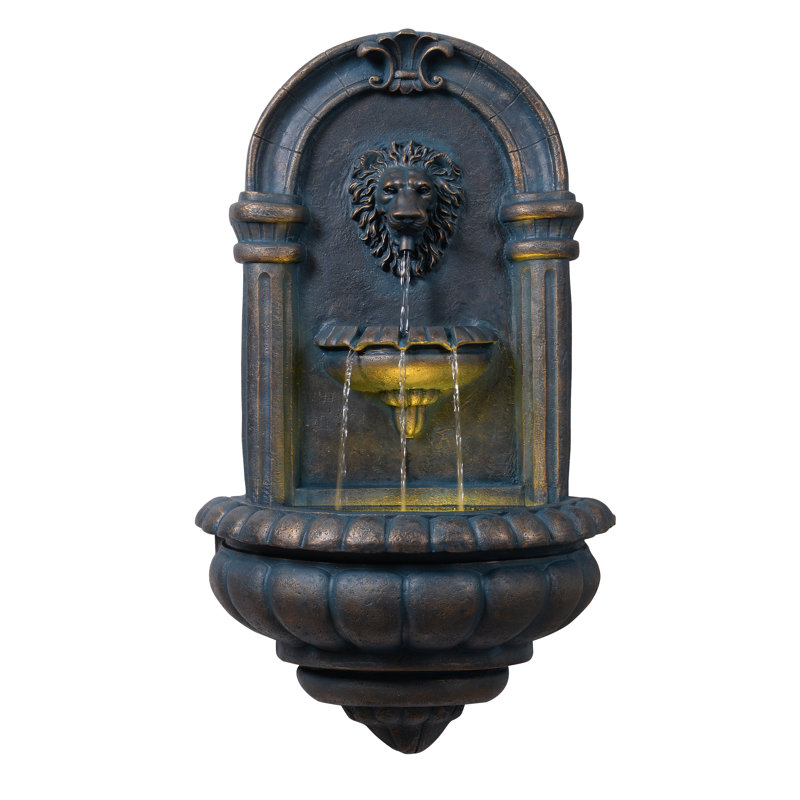 Tiered Lion Head Outdoor Water Wall Fountain with LED Light and Pump, Antique Copper