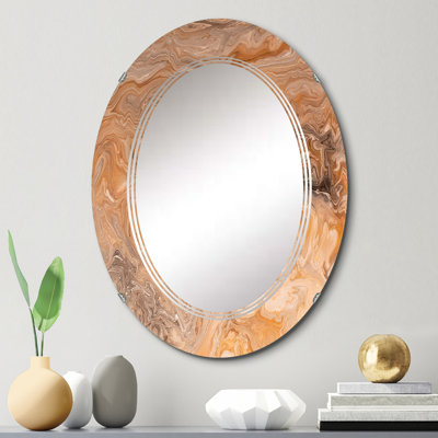 Miroir mural brun et gris en marbre liquide, ovale moderne - art en marbre liquide brun et gris