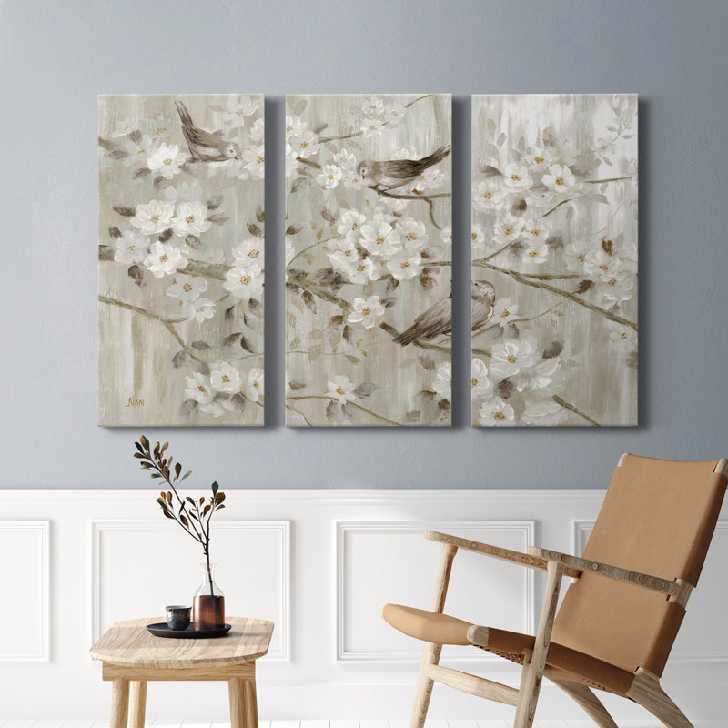 «Neutral Spring Birds», ensemble de 3 peintures sur toile tendue, H 18 po x l 36 po x P 1 po
