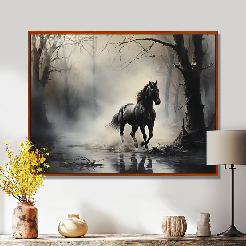 «Gray Horse Misty Morning Canter I», art mural encadré, H 30 po x l 40 po x P 1,5 po, Cadre flottant brun