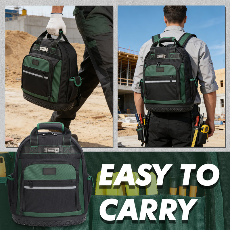 Sac à dos pour outils, sac à outils en tissu Oxford robuste avec base dure incurvée de 18 po, sac à dos pour électricien de grande capacité avec plusieurs compartiments, antichoc