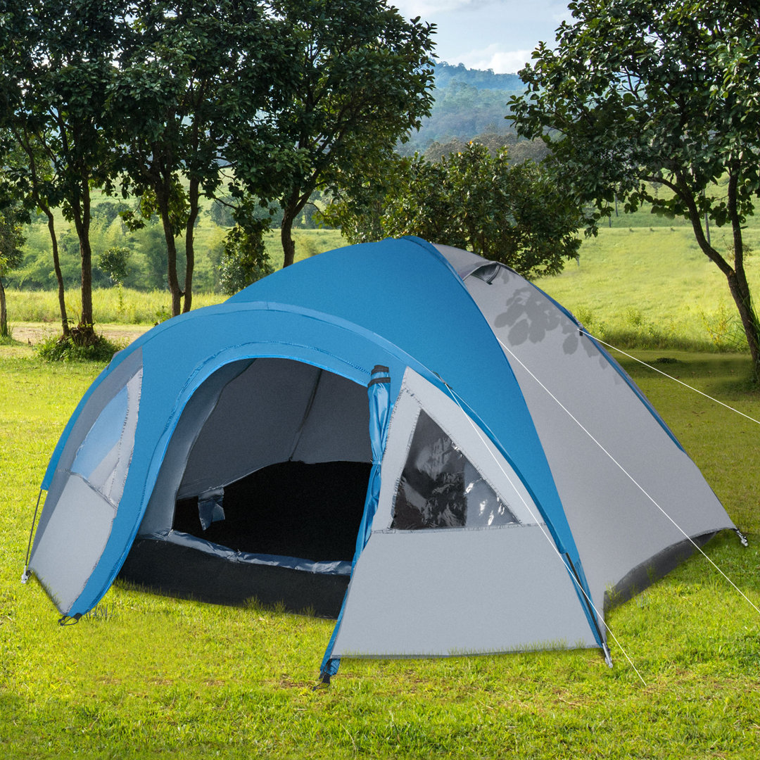 Doppelwandzelt Outdoor für 4 Personen wasserdicht mit Tragetasche Moskitonetz Tür Blau 300x250x130cm